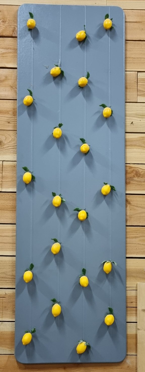 Planche grise avec des citrons jaunes disposés en rangées.